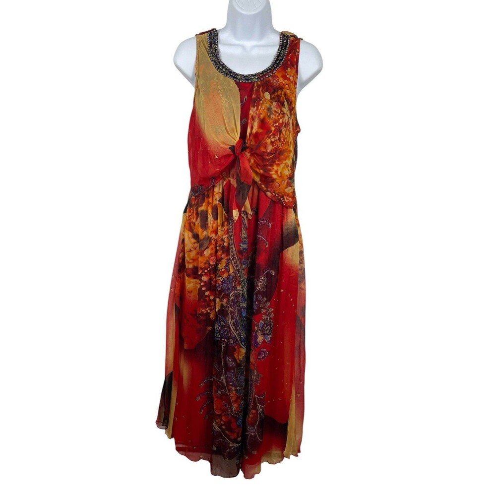 Bohemian Cafe Womens Boho Maxi Dress Paisley Floral Patchwork Beaded Neck M